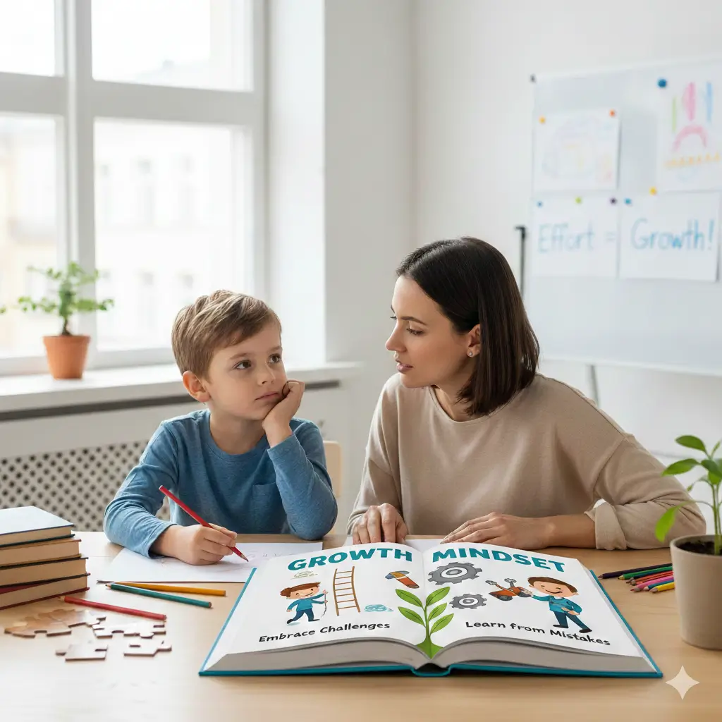 A mother teaching her child about how to develop a growth mindset in your child, with an open book showing the principles of embracing challenges and learning from mistakes.