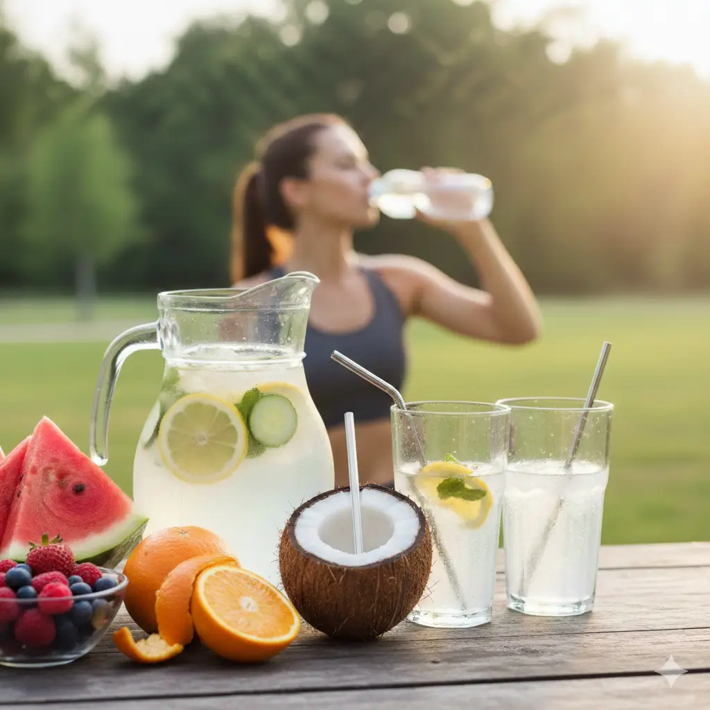 How to get hydrated fast: A woman drinking water with fruit-infused water, including lemon, cucumber, and oranges, alongside fresh fruit like watermelon and coconut."