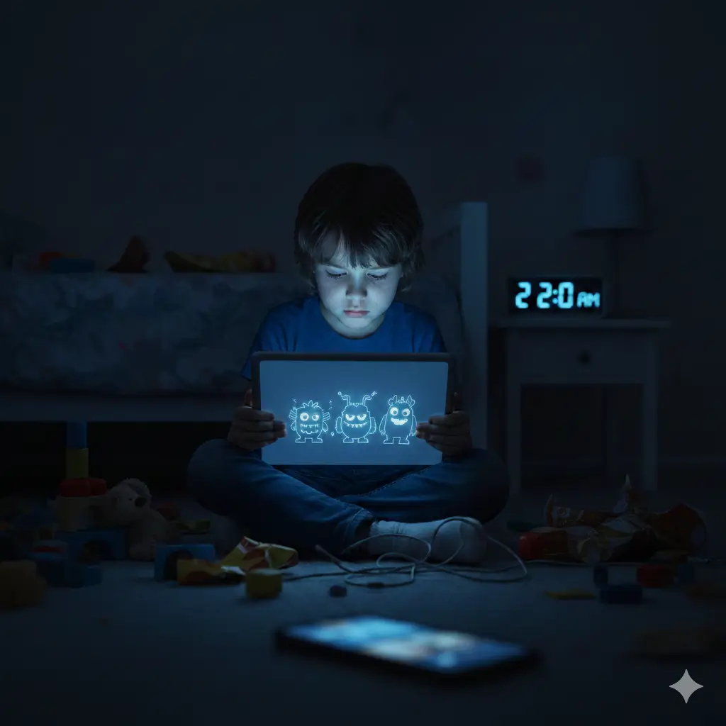 A child using a tablet late at night, highlighting Screen time Effects On Children, with digital drawings on the screen and a clock showing 2:20 AM in the background.
