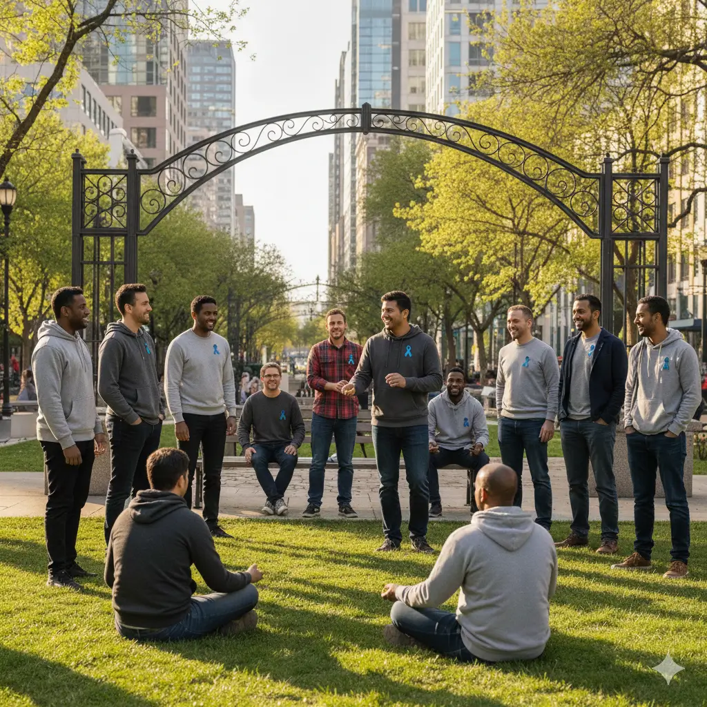 A group of men gathered outdoors, wearing blue ribbons to raise awareness for when is Men’s Mental Health Month, engaging in open conversation and supporting each other in