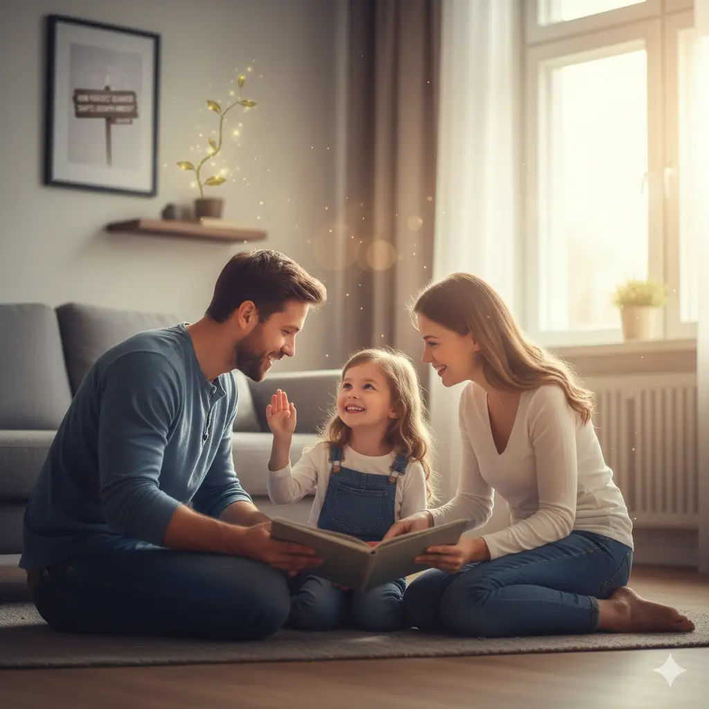 A family sitting together, reading a book and teaching their child how to develop a growth mindset in your child, encouraging positive learning and emotional growth.