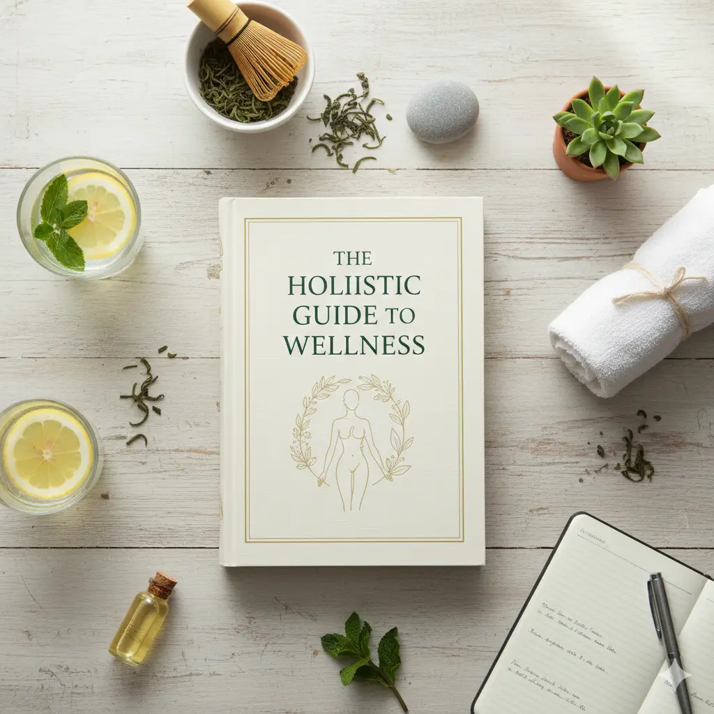 The Holistic Guide to Wellness book placed on a wooden table surrounded by herbal tea, essential oil, a towel, and a succulent plant, symbolizing balance and wellness."