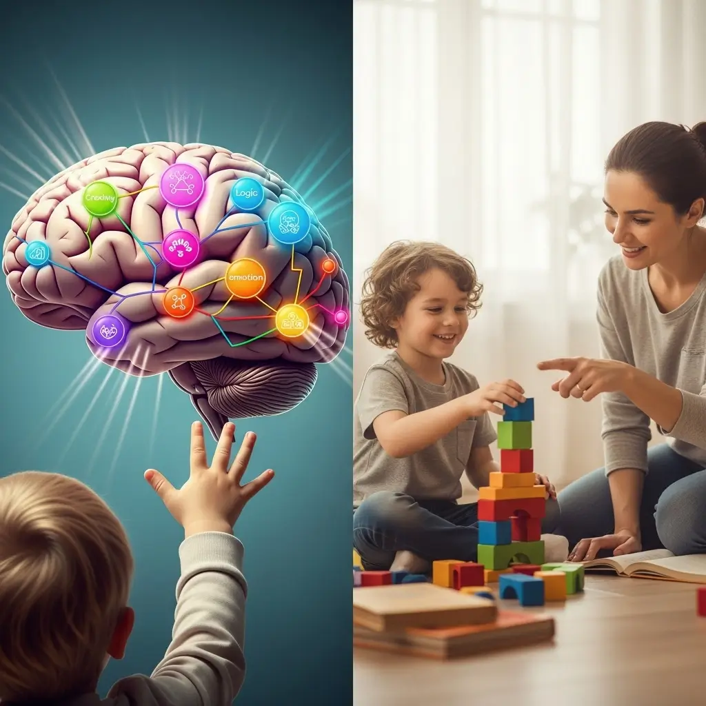 Child's brain growth development concept with areas like logic and emotion, and a child playing with building blocks.