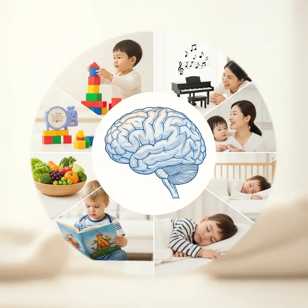 Child's brain growth development with activities like playing with blocks, reading, healthy eating, music, and sleep for optimal cognitive growth.