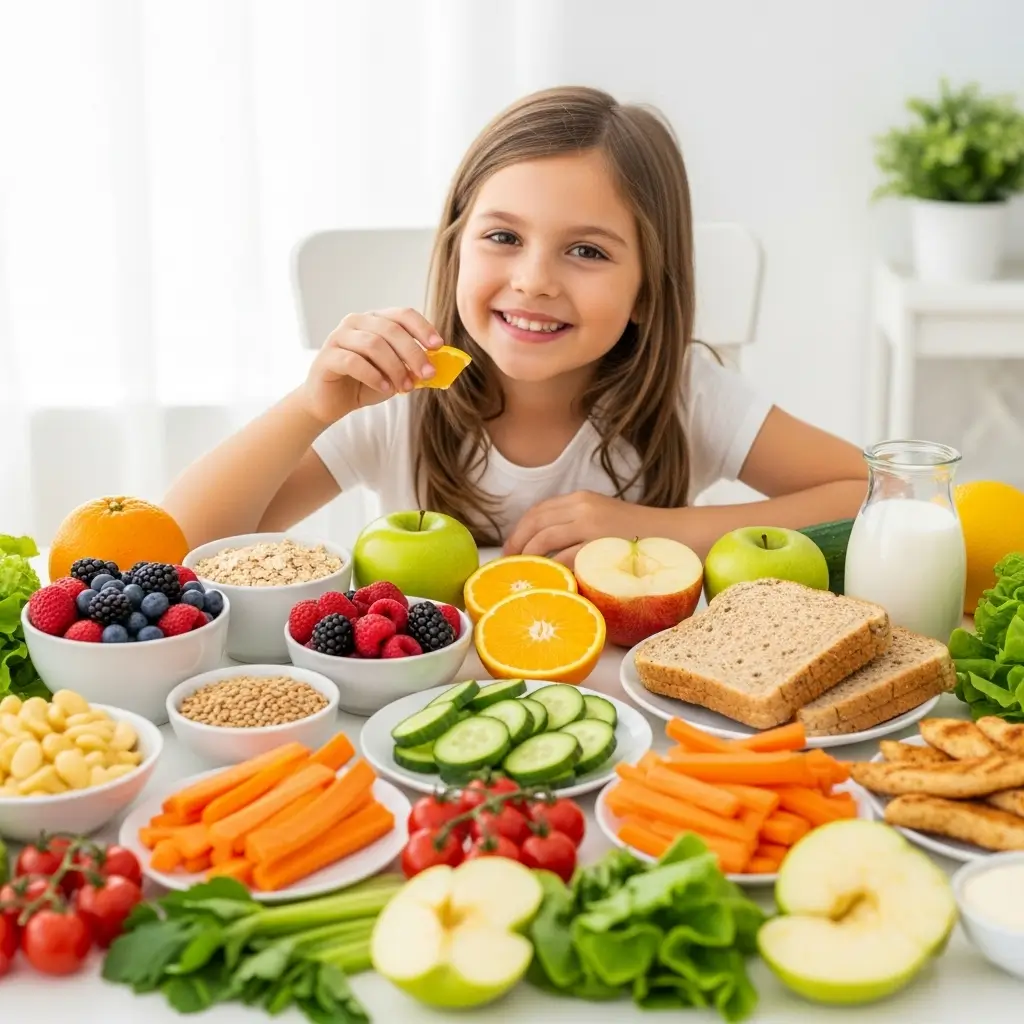 Child enjoying healthy food with fruits, vegetables, and whole grains to support child’s brain growth and development.