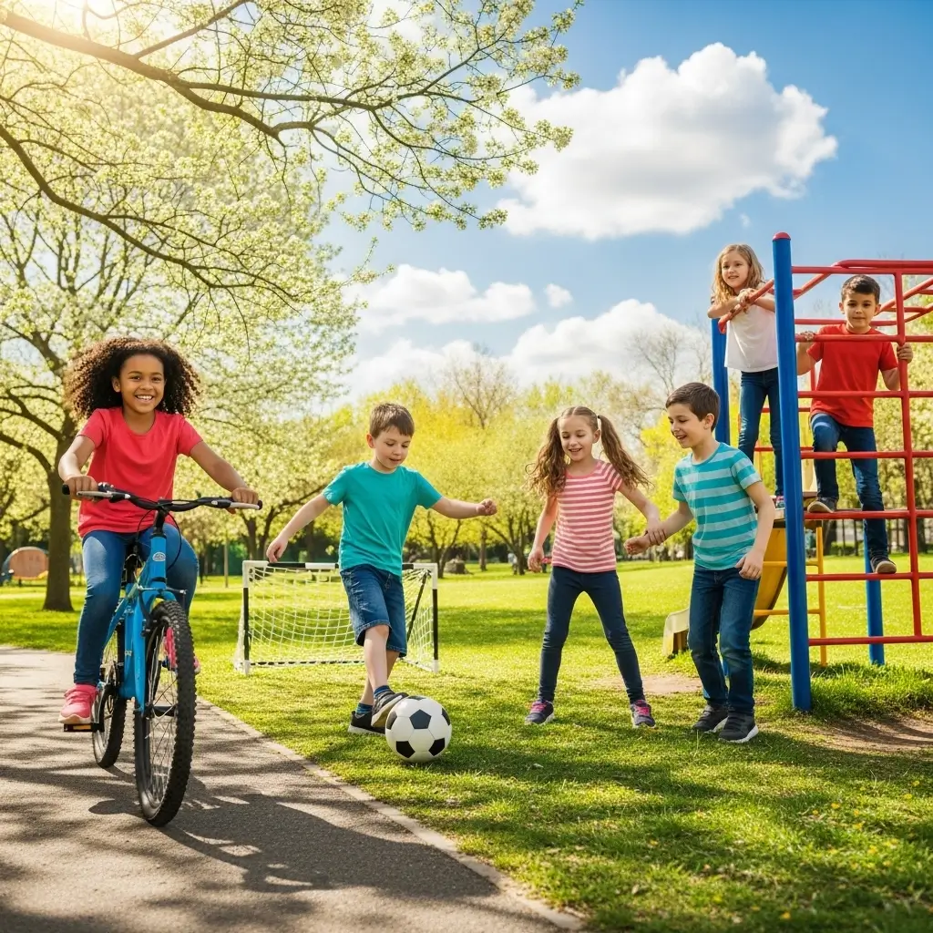 Children playing outdoors with soccer and climbing, engaging in physical activity to support child’s brain development and growth