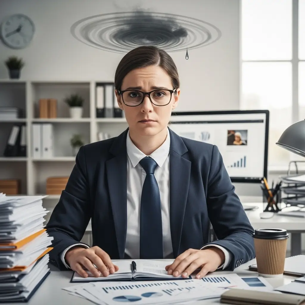 "Businesswoman struggling with high functioning depression, representing the emotional toll of what is high functioning depression while managing daily responsibilities."
