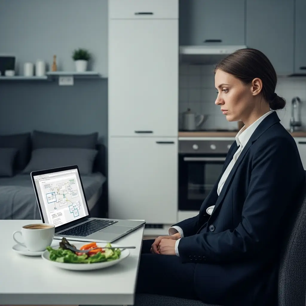 "Businesswoman sitting at a desk with a laptop and salad, reflecting on her work while silently managing the emotional challenges of what is high functioning depression.