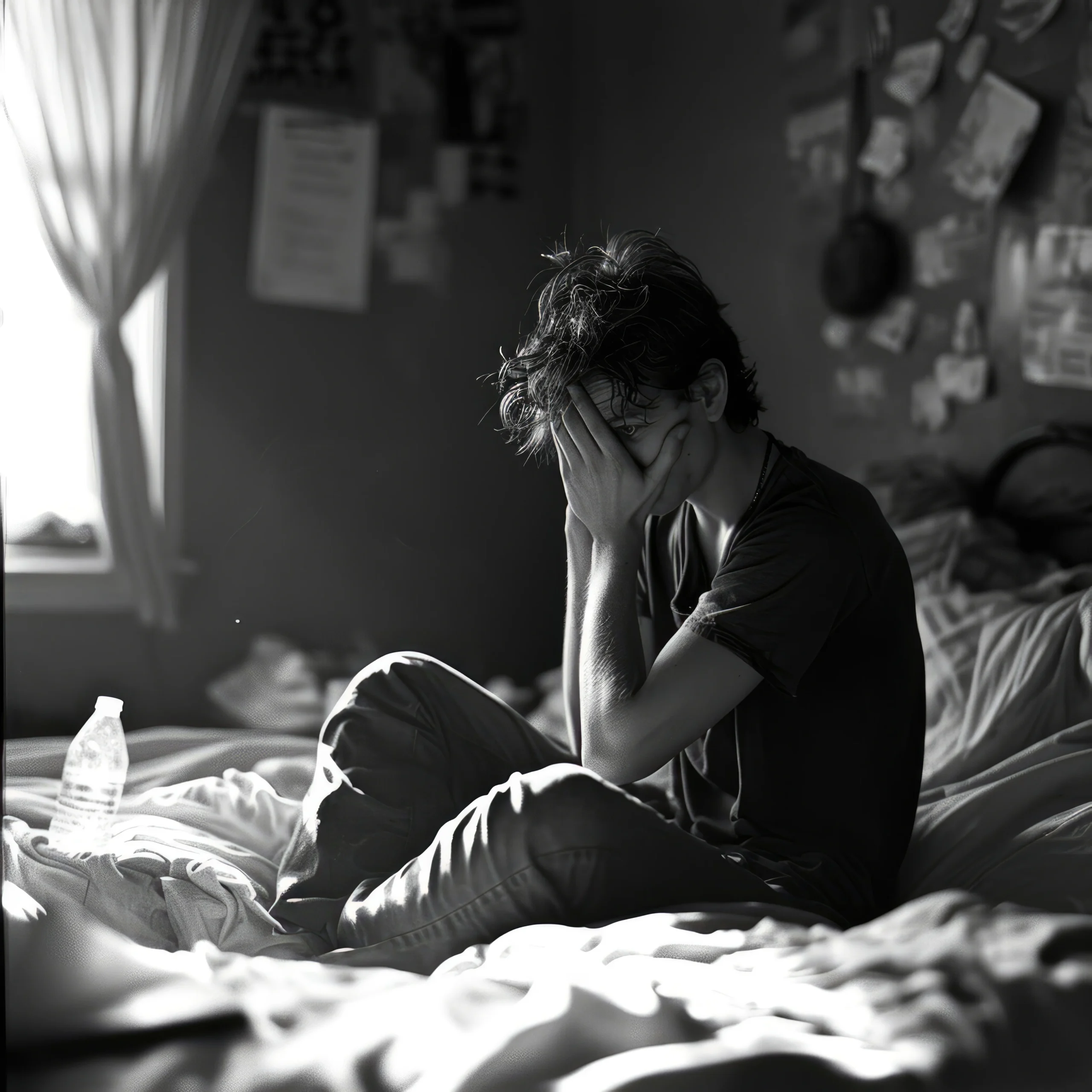Teenager sitting on bed, holding their head in distress, symbolizing the emotional toll of what is the mental illness affecting their well-being.