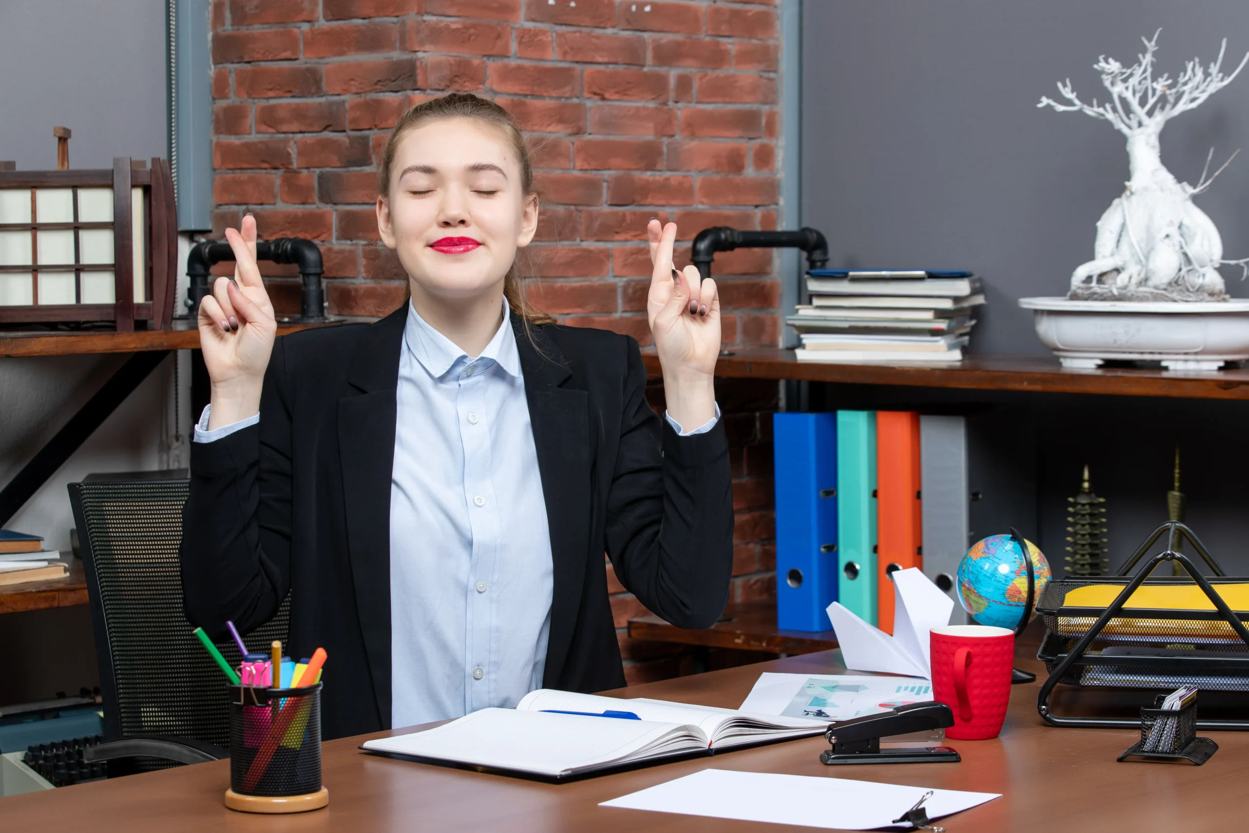 Young woman crossing her fingers while holding a document at a desk, reflecting on how stress impacts physical health and the importance of stress management.
