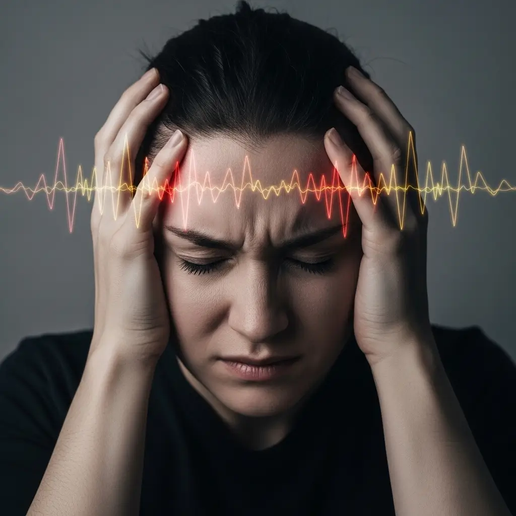 Woman holding her head in pain showing symptoms of Nipah virus, highlighting headache and stress-related signs