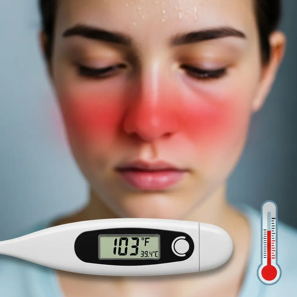 Symptoms of Nipah virus in a woman showing high fever at 103.9°F on thermometer, flushed red cheeks, sweaty forehead, and tired expression indicating early flu-like signs like fever and rash