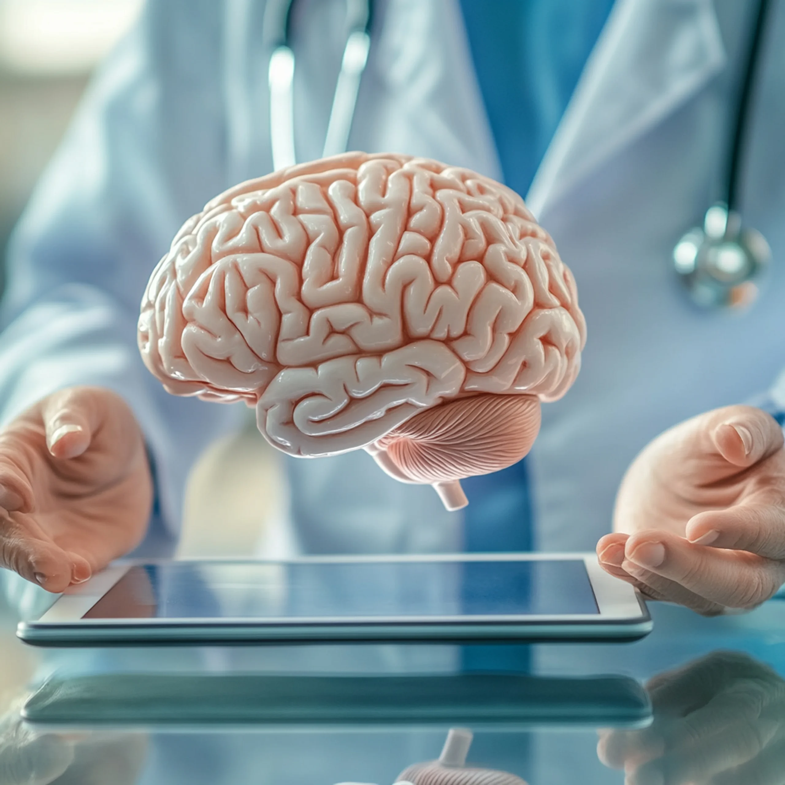 Digital mental health concept showing a 3D brain model above a tablet in a doctor’s hands representing apps and wearables for mental wellness support