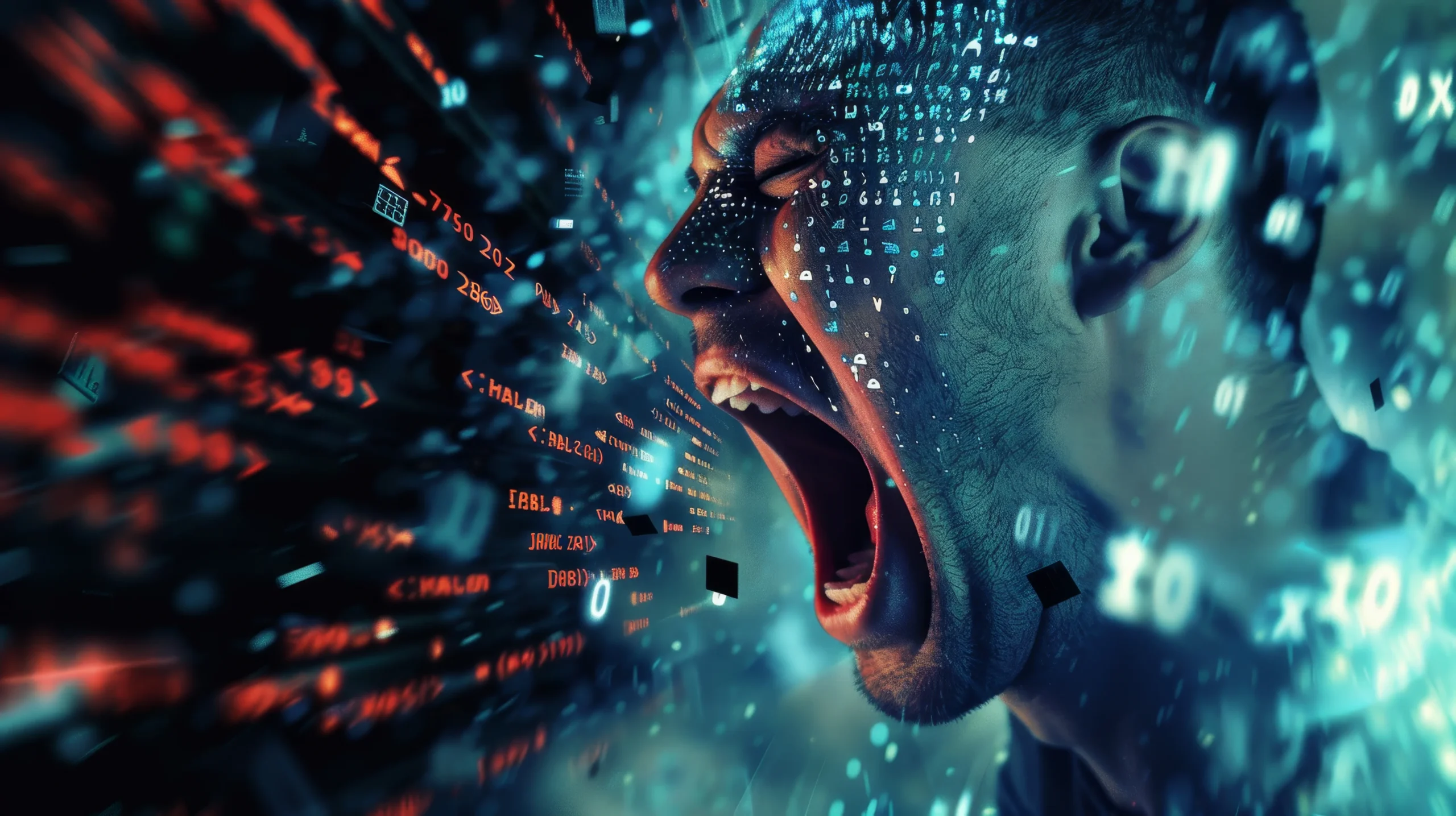 "Person overwhelmed by digital data, reflecting the feeling of 'I googled my symptoms and now I’m terrified' in the age of technology addiction and health anxiety.