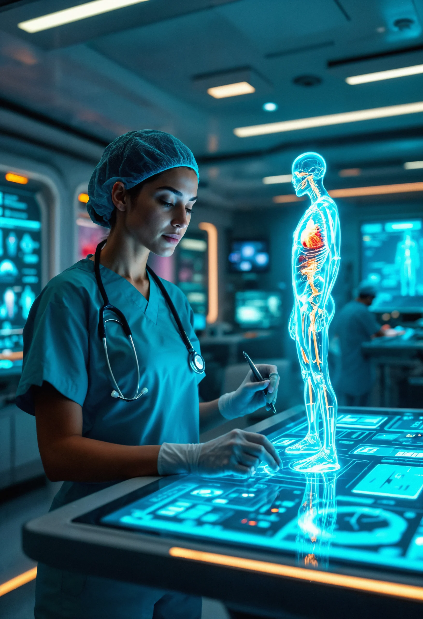 "Healthcare professional interacting with a holographic display of the human body, symbolizing the rise of digital health and advanced medical technologies.