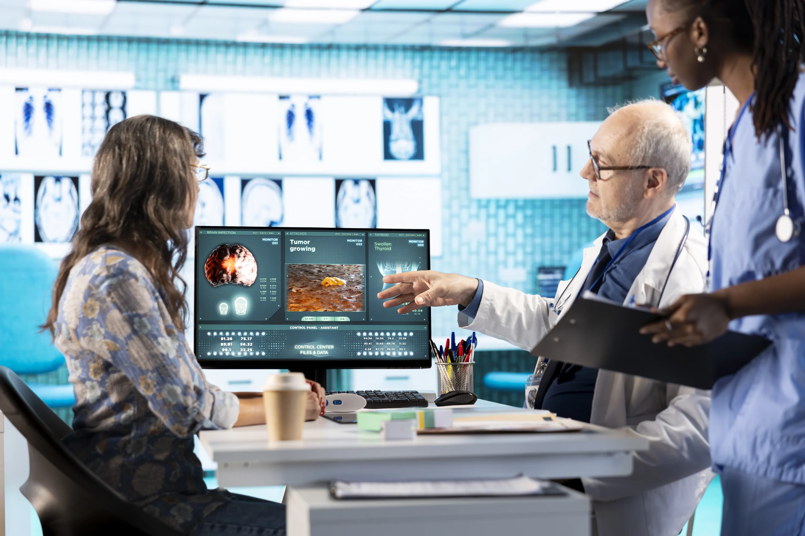 Doctor and nurse reviewing patient’s tumor scan on a digital screen, showcasing the rise of digital health and its role in modern medical diagnostics."