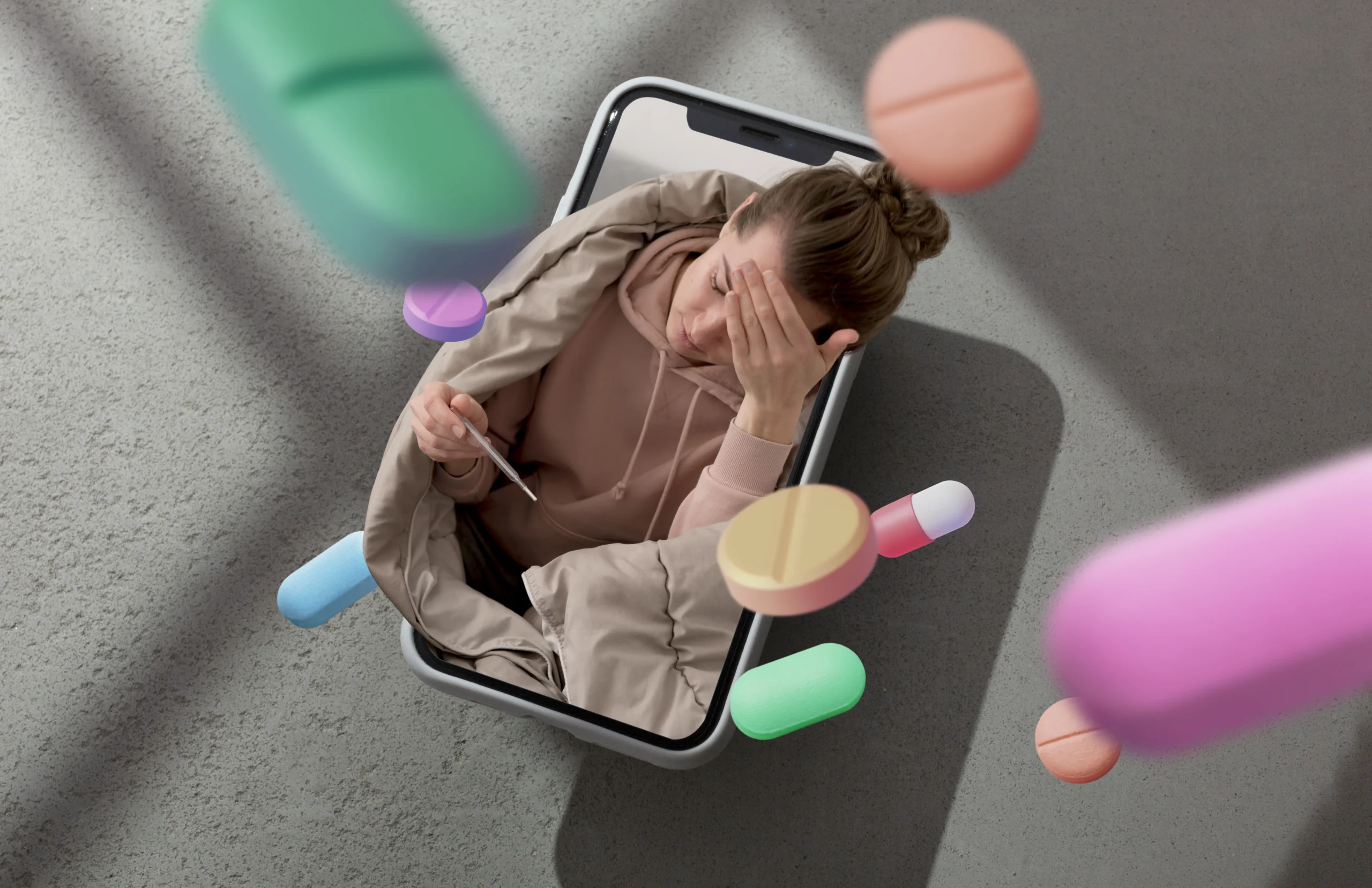 A woman feeling unwell, holding a thermometer, surrounded by floating colorful pills. This visual represents how digital mental health apps and telehealth services can offer support for managing health and wellness remotely.
