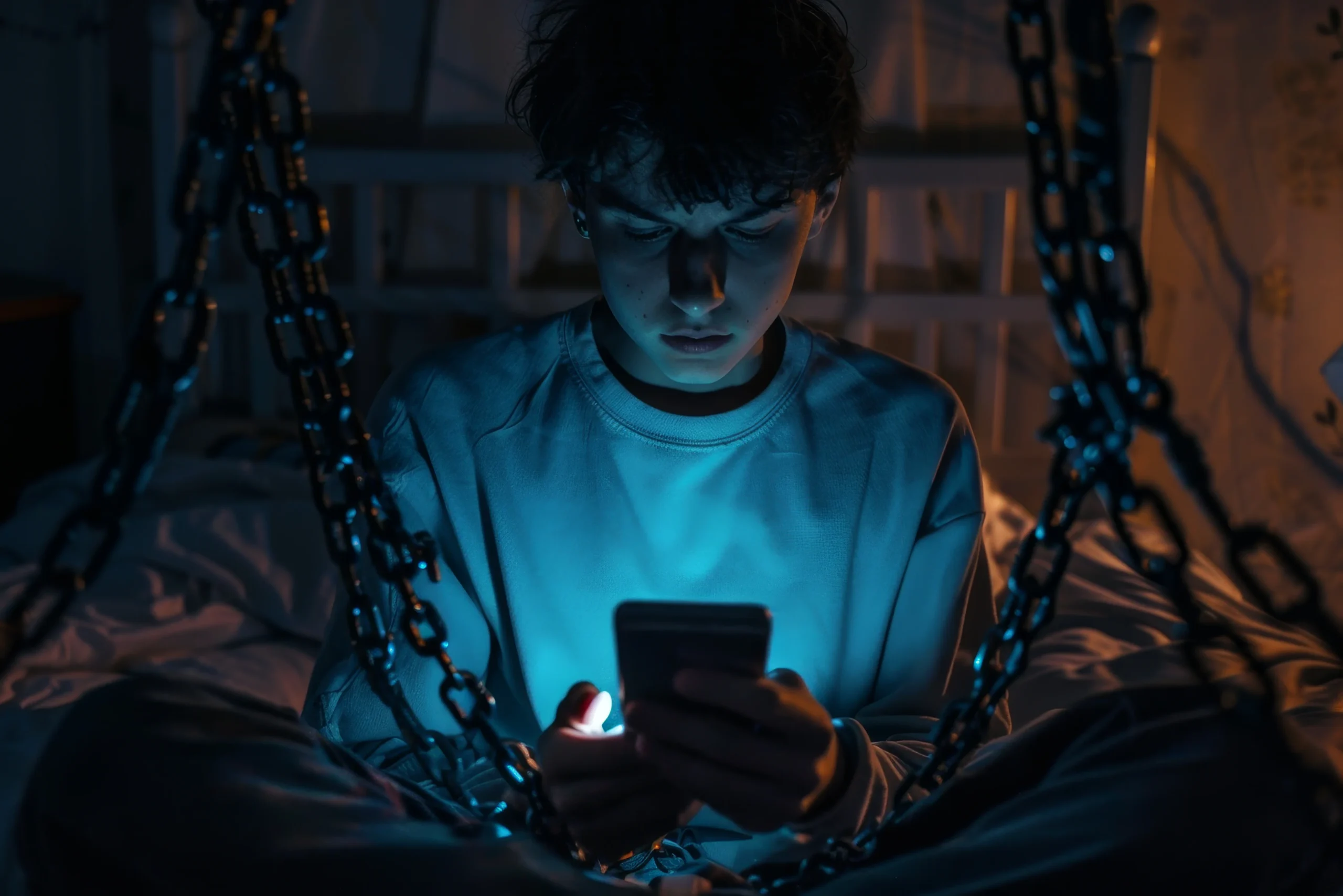 Teen boy using smartphone at night surrounded by chains, representing social media and mental health issues and technology addiction.