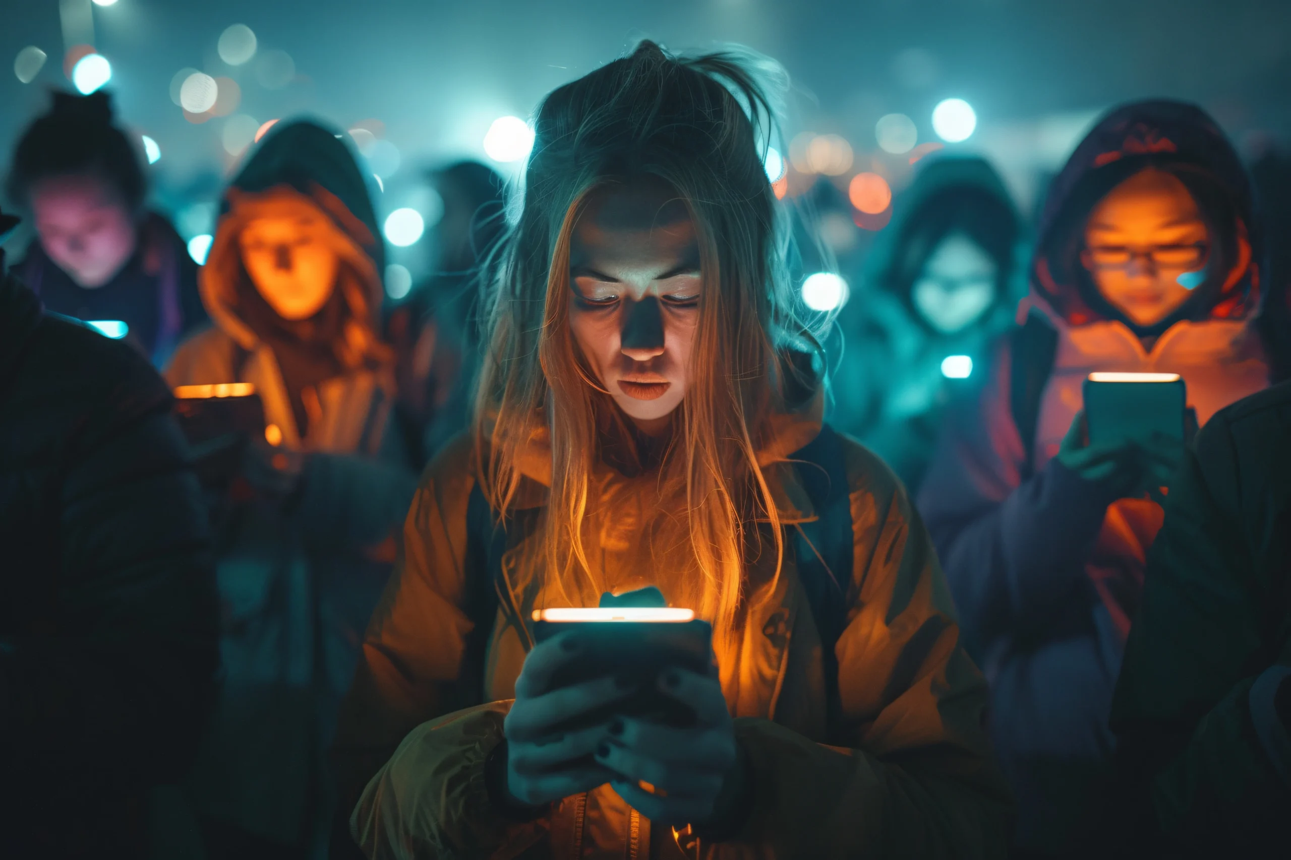 Group of young people absorbed in smartphones at night, illustrating social media and mental health concerns and digital addiction.