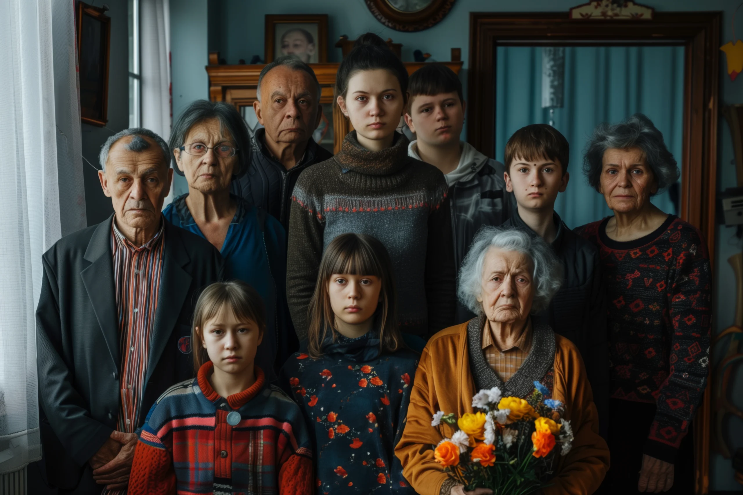 Multi-generational family standing together indoors with serious expressions, highlighting financial stress and social media and mental health discussions about economic hardship