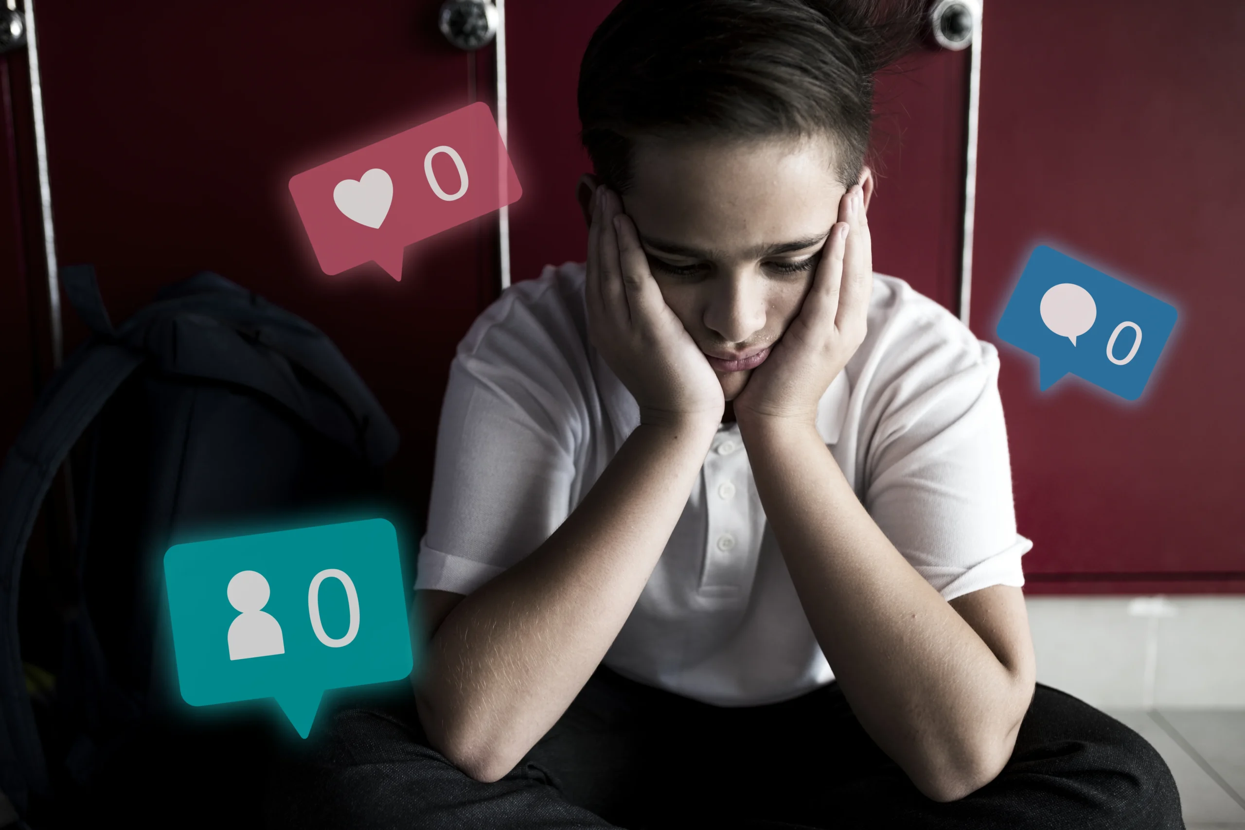 Unhappy teenager sitting alone by lockers with zero likes and comments notifications, illustrating social media and mental health struggles.