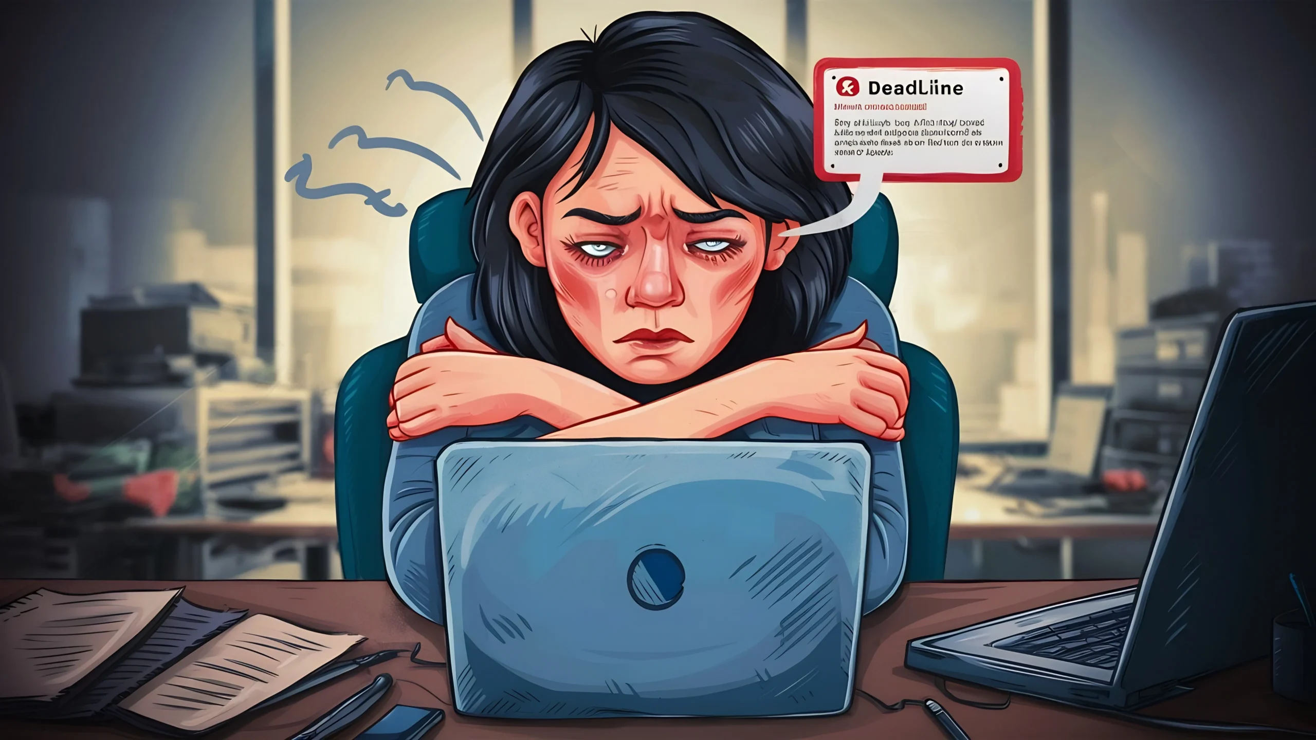 
"Cyberbullying and mental health stress shown by woman feeling anxious while using laptop online"