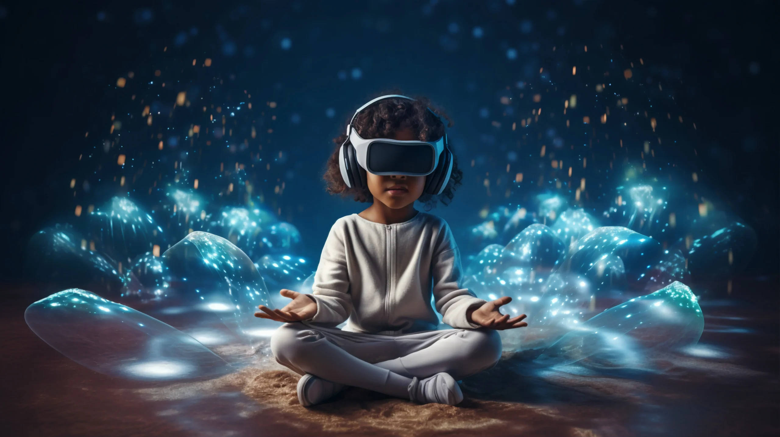 Kids' mental health concern as child experiences virtual reality with VR glasses, exploring the metaverse."