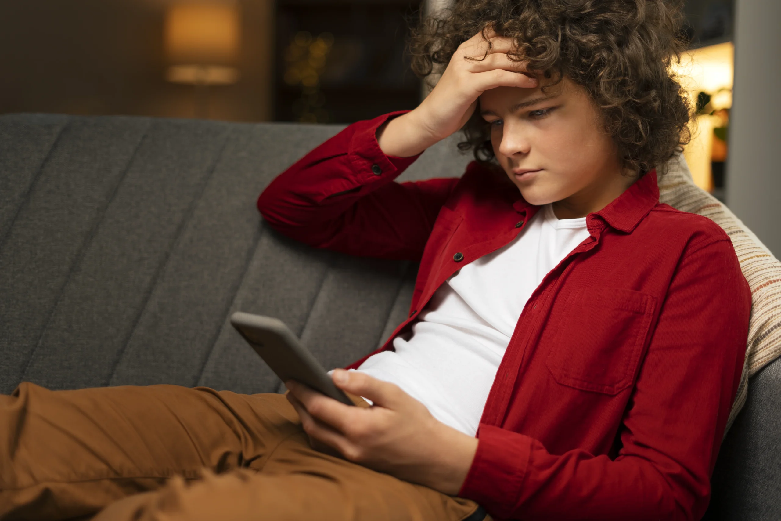 “American preteen or teenager sitting at a desk in their bedroom, hunching over a smartphone and looking anxious when a notification pops up, trying to tilt the screen away as a parent appears blurred in the doorway, subtle dark circles under eyes and messy desk suggesting changes in sleep and mood, modern U.S. home setting, realistic photography, 16:9, sensitive mental health theme (no self‑harm.