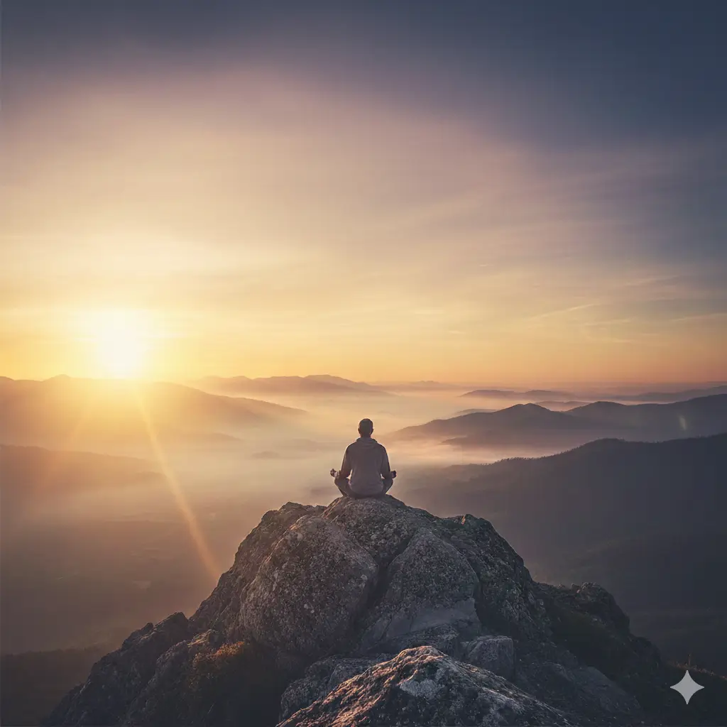 Person meditating alone on a mountain at sunrise, reflecting on inner peace and what are some issues that affect spiritual health such as stress, disconnection, and lack of purpose