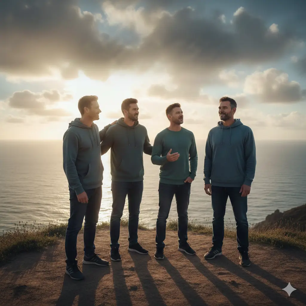Group of men supporting each other outdoors, symbolizing the importance of brotherhood and mental health support during Men’s Mental Health Month.