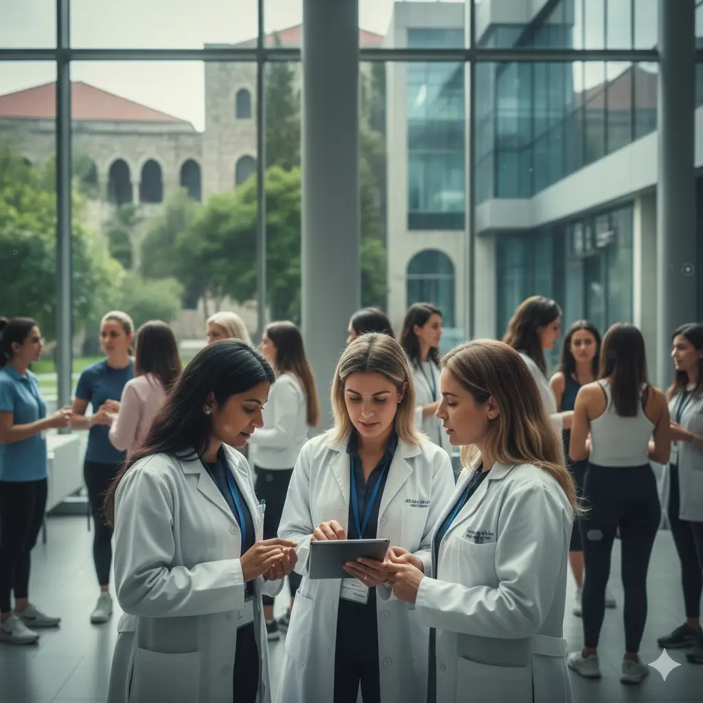 Group of female medical professionals discussing and working together, symbolizing the importance of healthcare education, including topics like AUB in women's health.