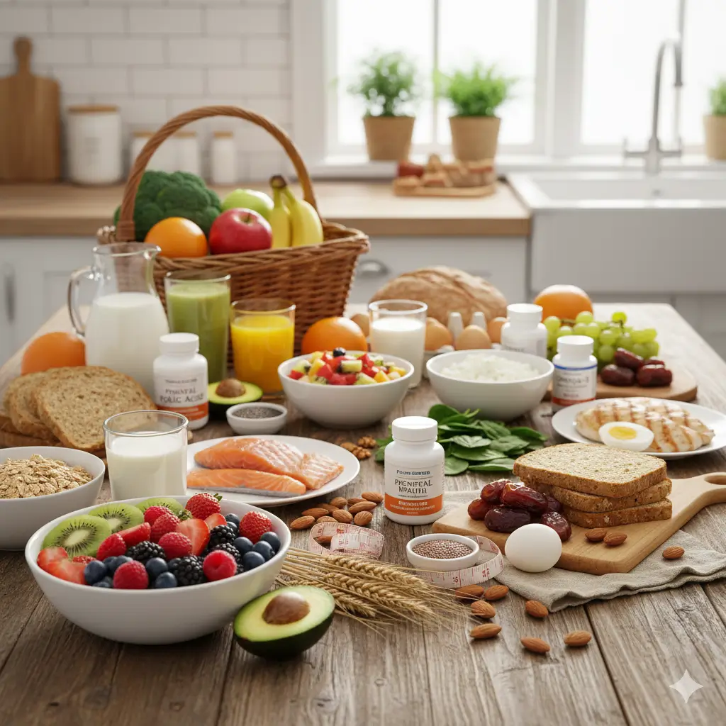 A variety of nutritious foods and supplements for a healthy pregnancy, showcasing the pregnancy nutrition essentials for women such as fruits, vegetables, dairy, and prenatal vitamins.