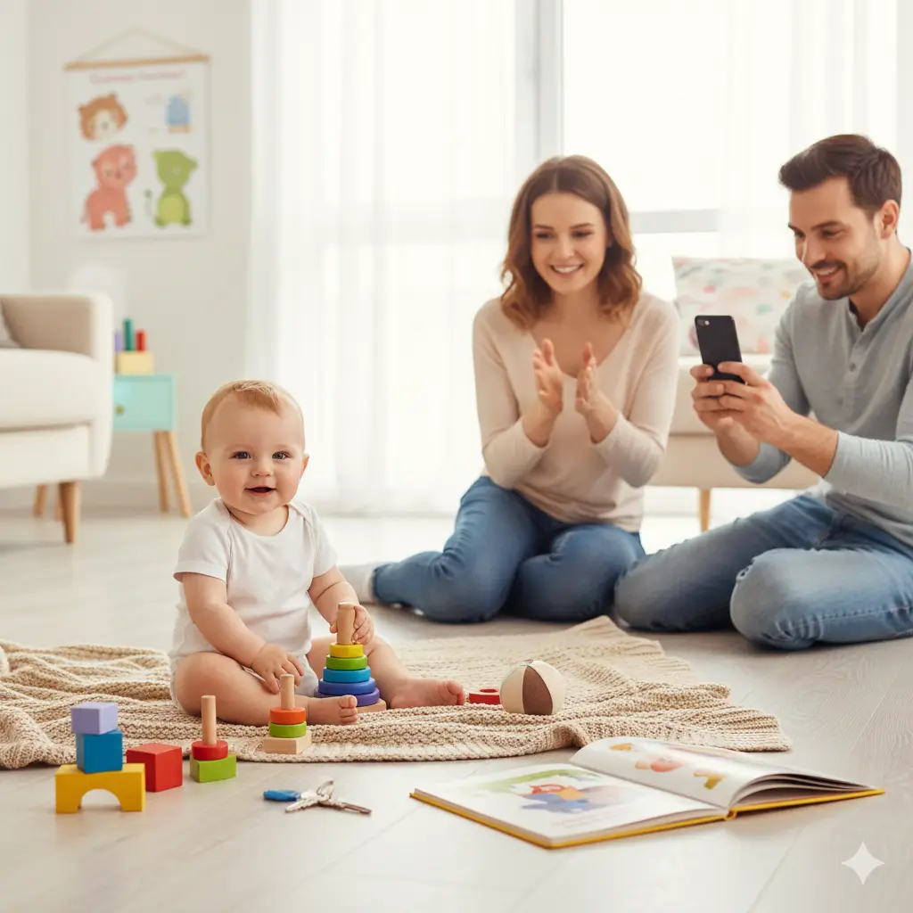 Parents capturing a precious moment as their baby plays with colorful blocks, reaching key growth milestones parents should know like motor skills and cognitive development.