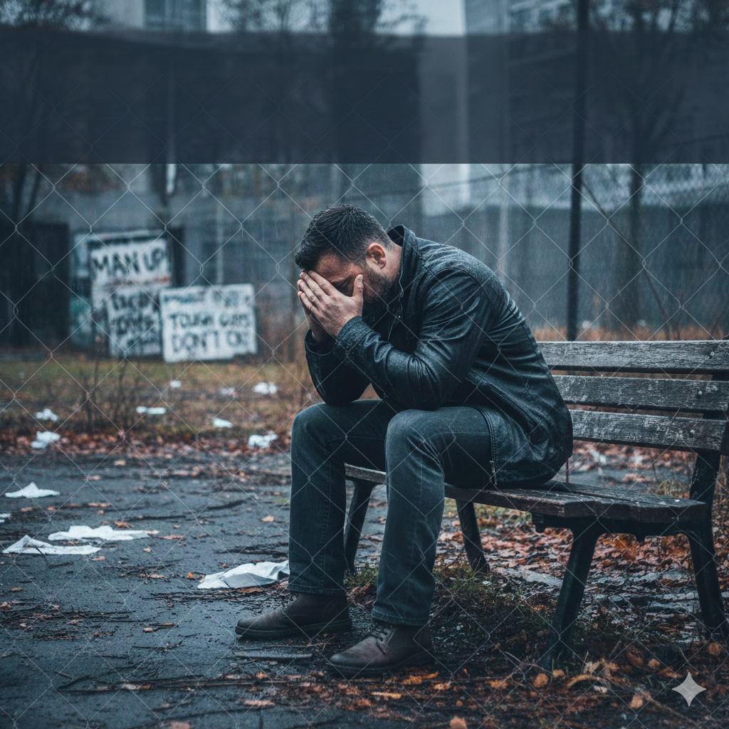 A man sitting on a bench in a desolate area, covering his face with his hands, representing the emotional toll of mental health stigma in men and its impact on mental well-being.