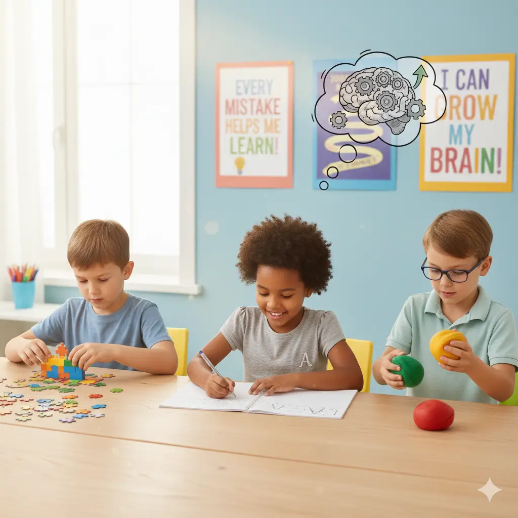 Children practicing how to develop a growth mindset in your child by engaging in activities like puzzles, drawing, and playing with toys, while surrounded by encouraging posters about learning and growth.