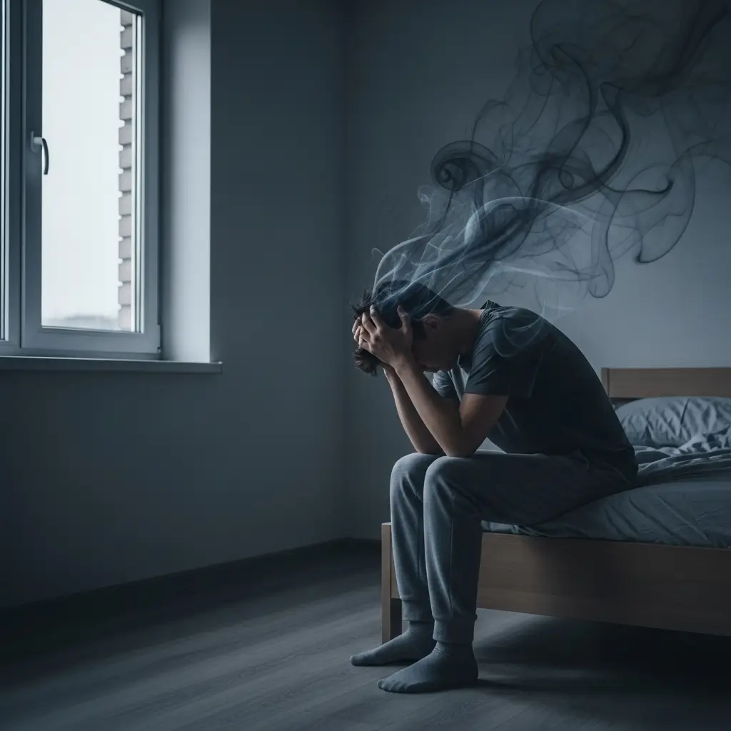 Person sitting on a bed in distress, holding their head in emotional turmoil, symbolizing the experience of what is the mental illness affecting their well-being."