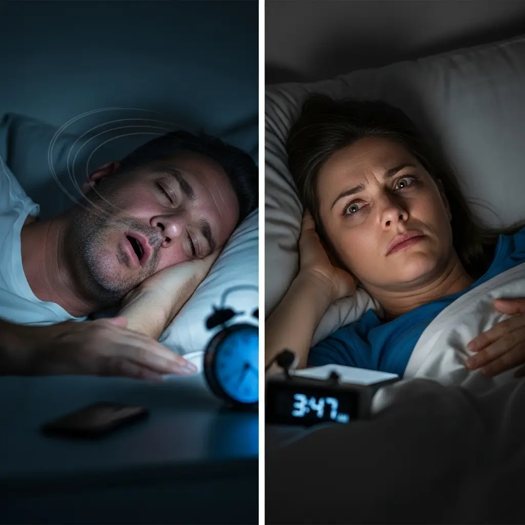 "Man snoring loudly while his partner struggles to sleep, highlighting how does snoring affect sleep quality? and disrupts rest for both individuals."