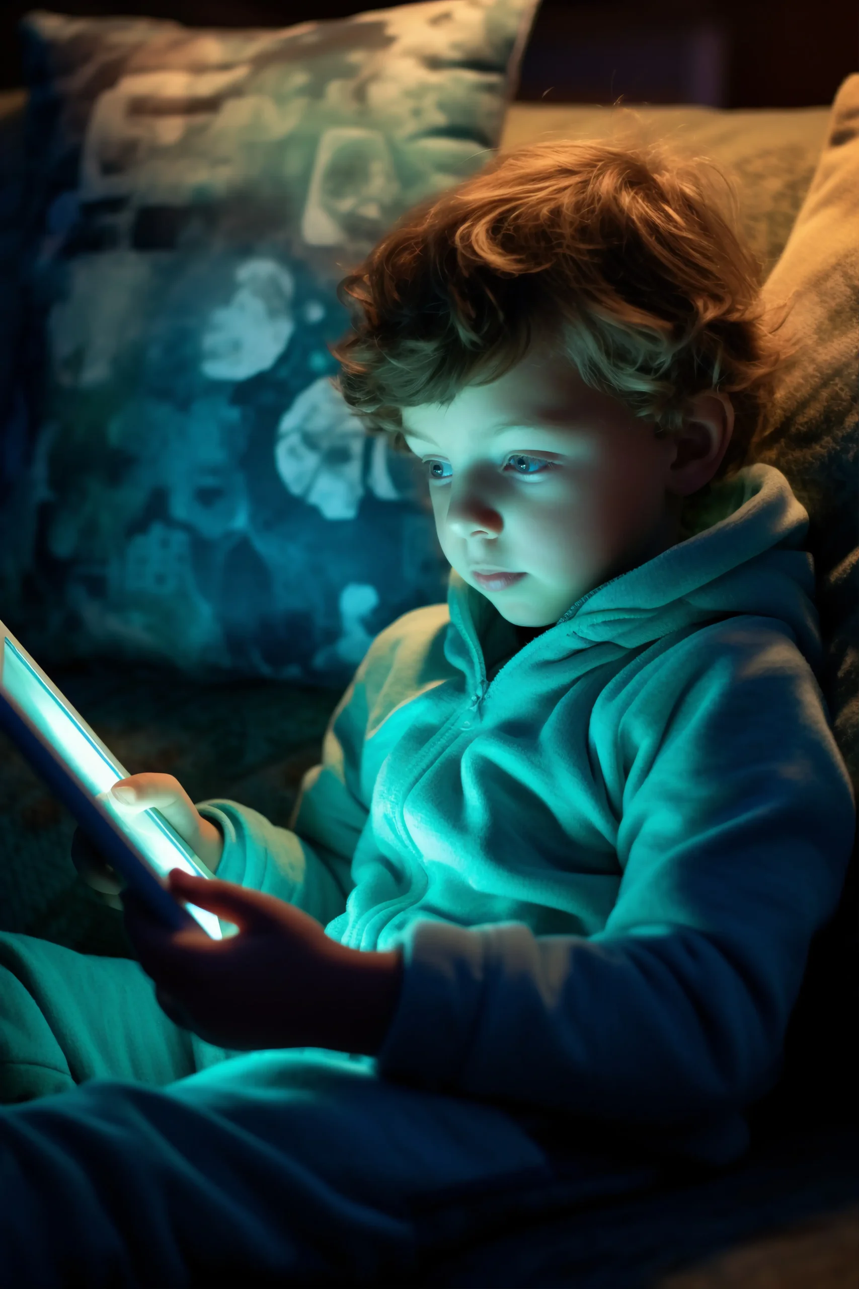 A child using a smart device at night, highlighting the Screen time Effects On Children as the device's blue light illuminates the room.