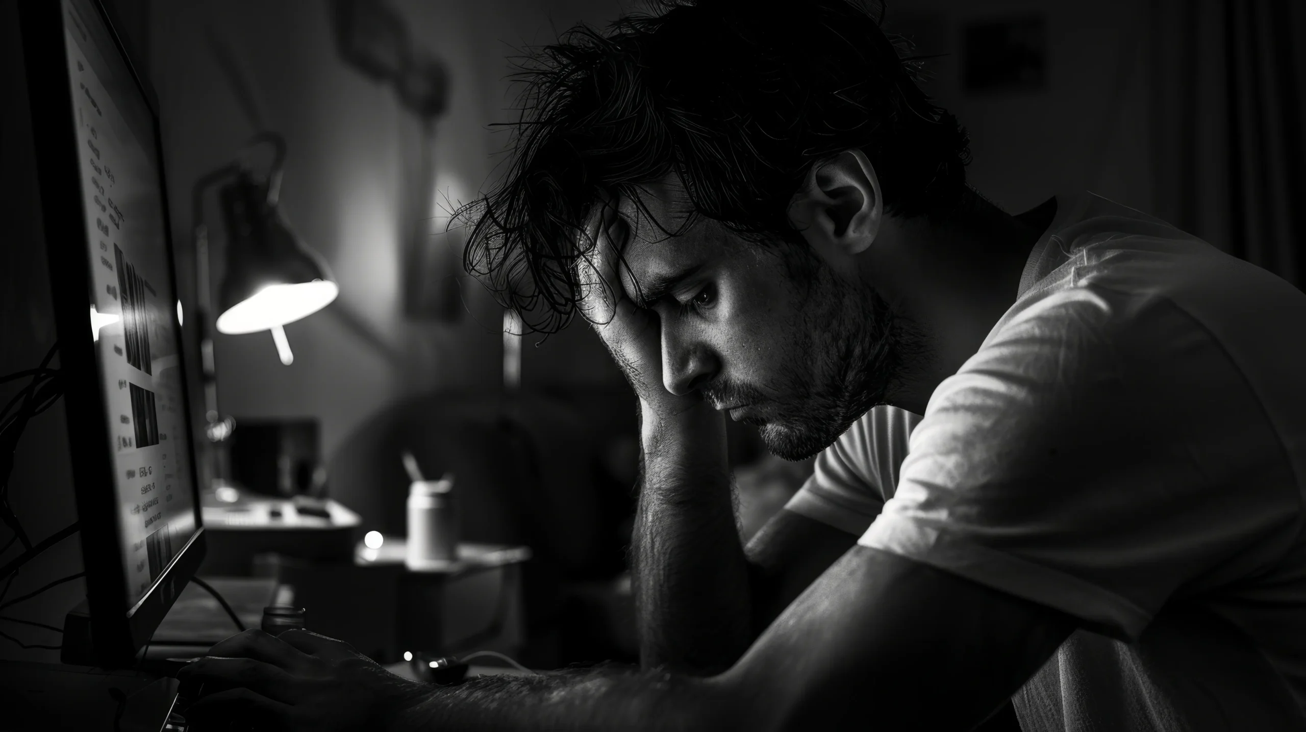 Man experiencing emotional exhaustion, symbolizing the internal struggle of what is high functioning depression, while working late at a computer