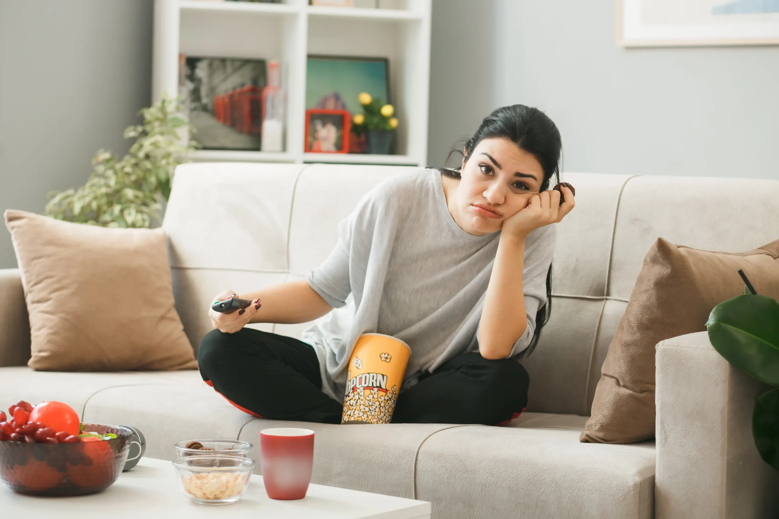 Young woman sitting on a sofa, holding a TV remote and a snack, looking bored, surrounded by popcorn and fruit, illustrating a sedentary lifestyle and its impact on mood.