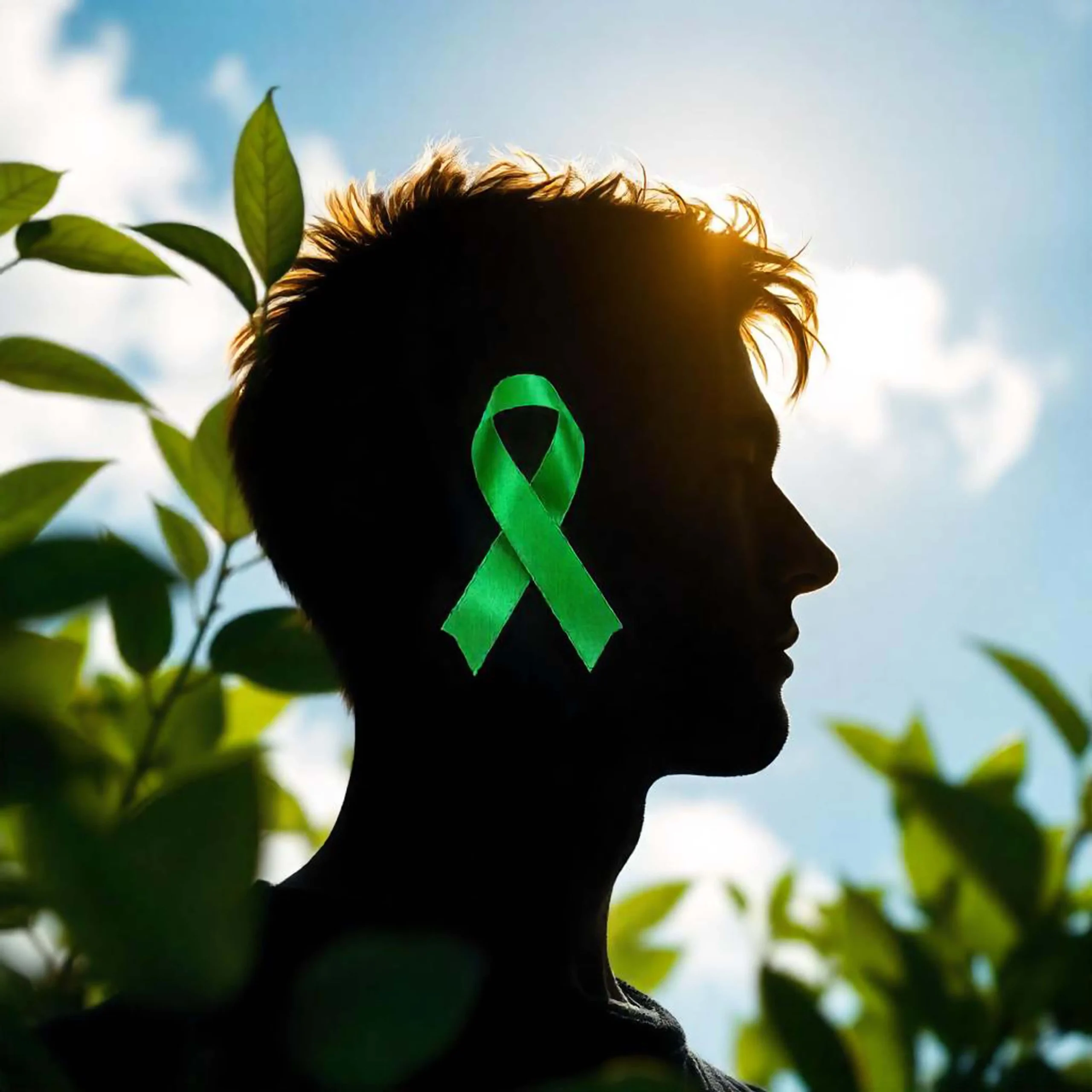 A silhouette of a man wearing a green ribbon to raise awareness for when is Men’s Mental Health Month, symbolizing the importance of mental health support and awareness for men.