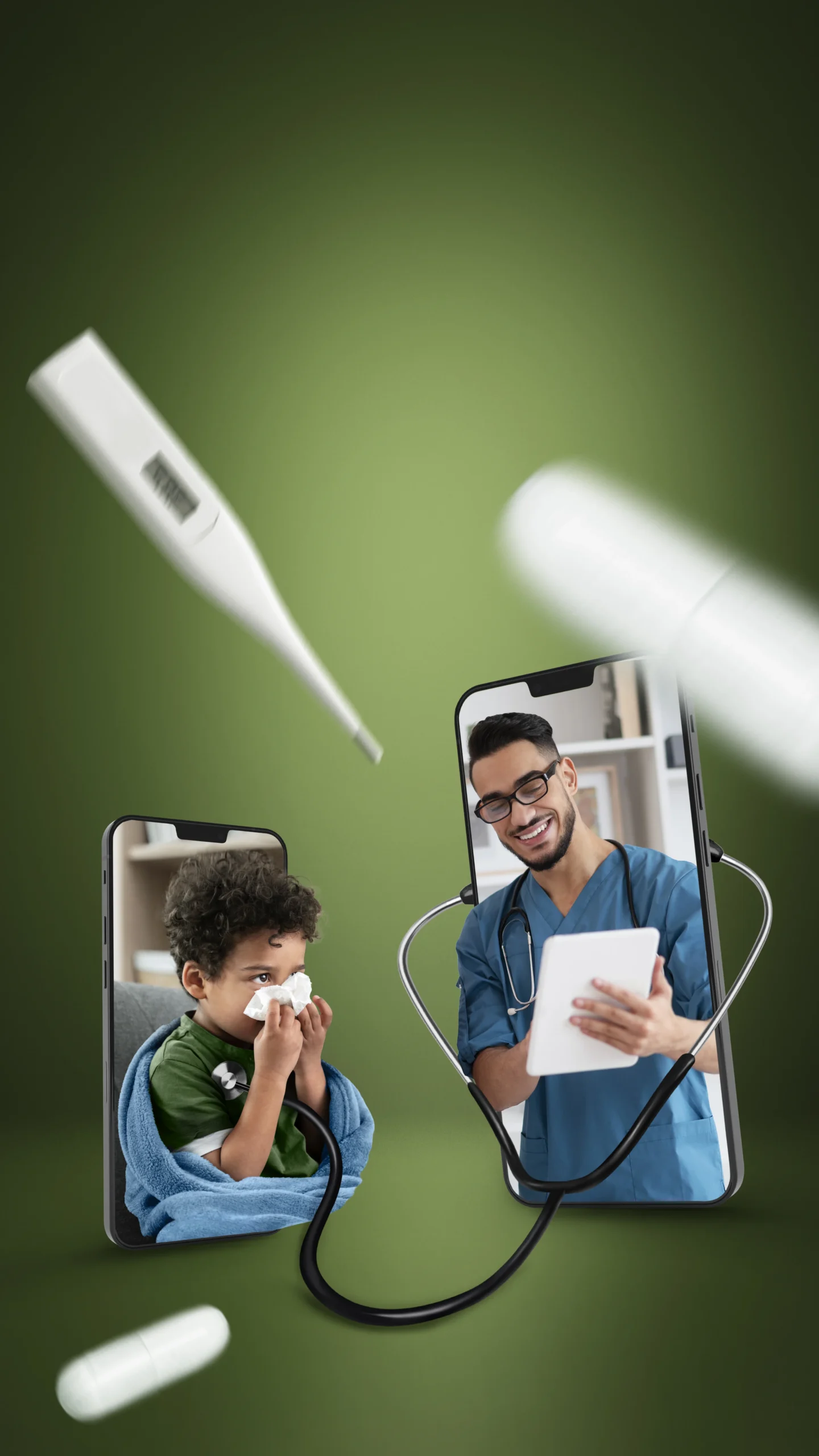 "Telehealth consultation with a doctor guiding a child with a cold, reflecting the rise of digital health and the convenience of virtual healthcare services."