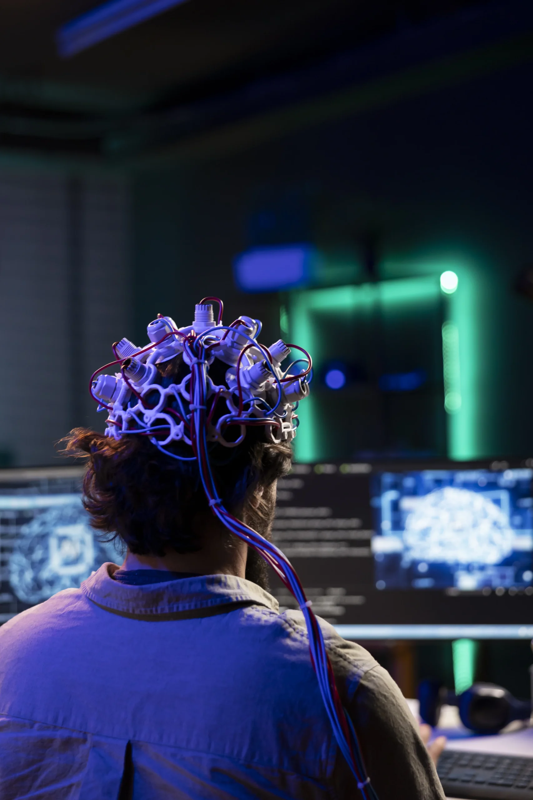 "Engineer using an EEG headset to program brain activity into a virtual world, highlighting how does technology causes depression by increasing digital overload and stress.