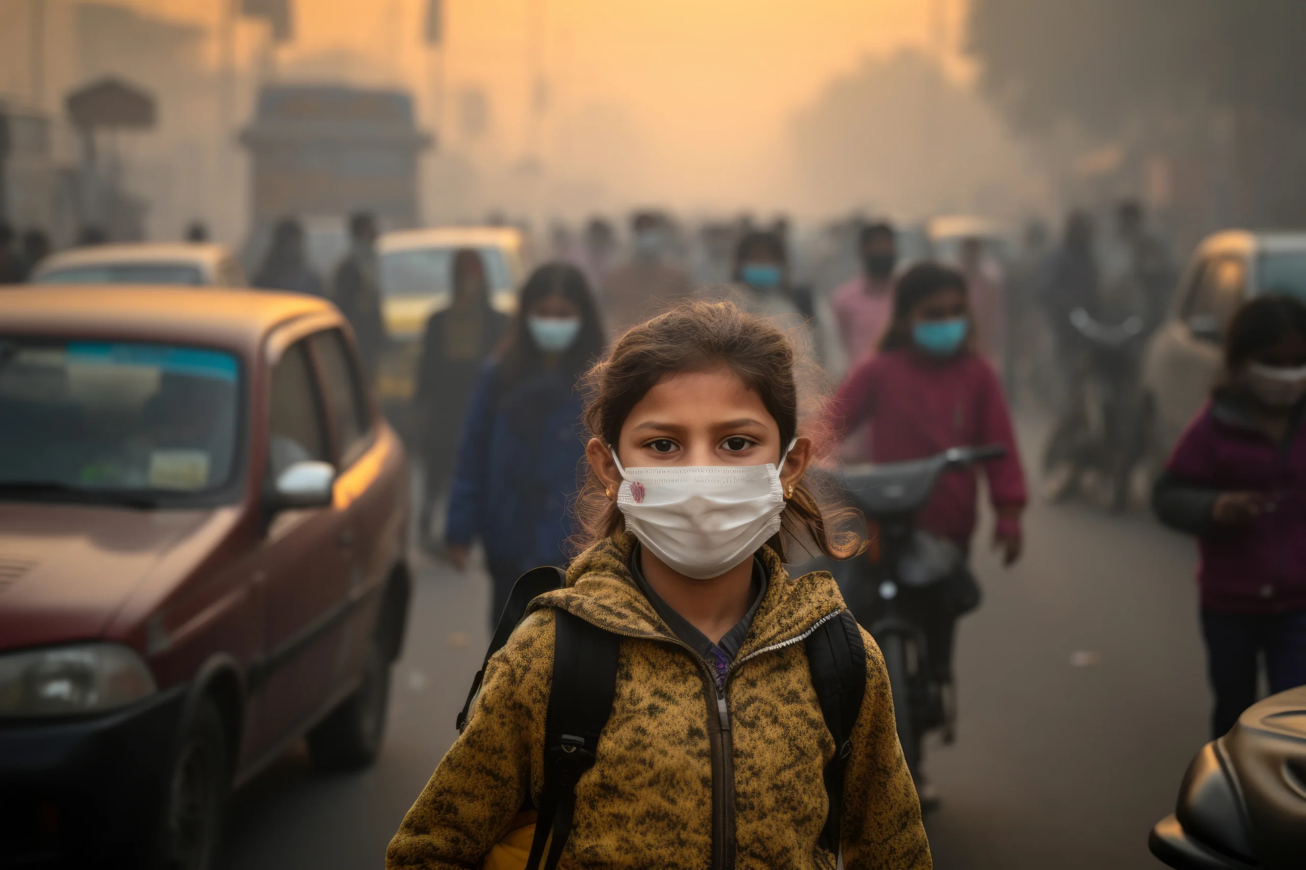Child wearing a mask in heavy pollution, illustrating the affect of climate change on health and the impact of air quality on children