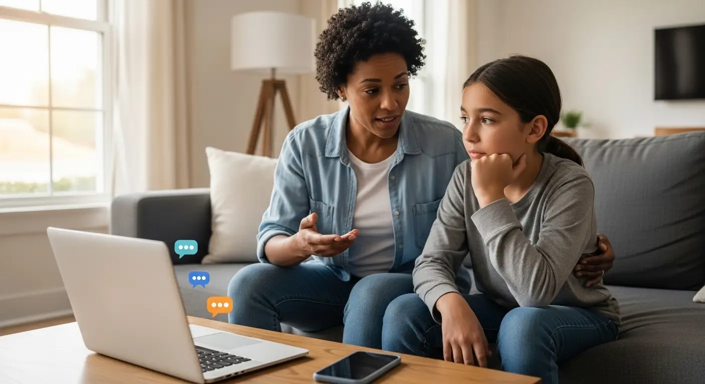 Cyberbullying and mental health harm as parent talks to child about online messages on laptop.