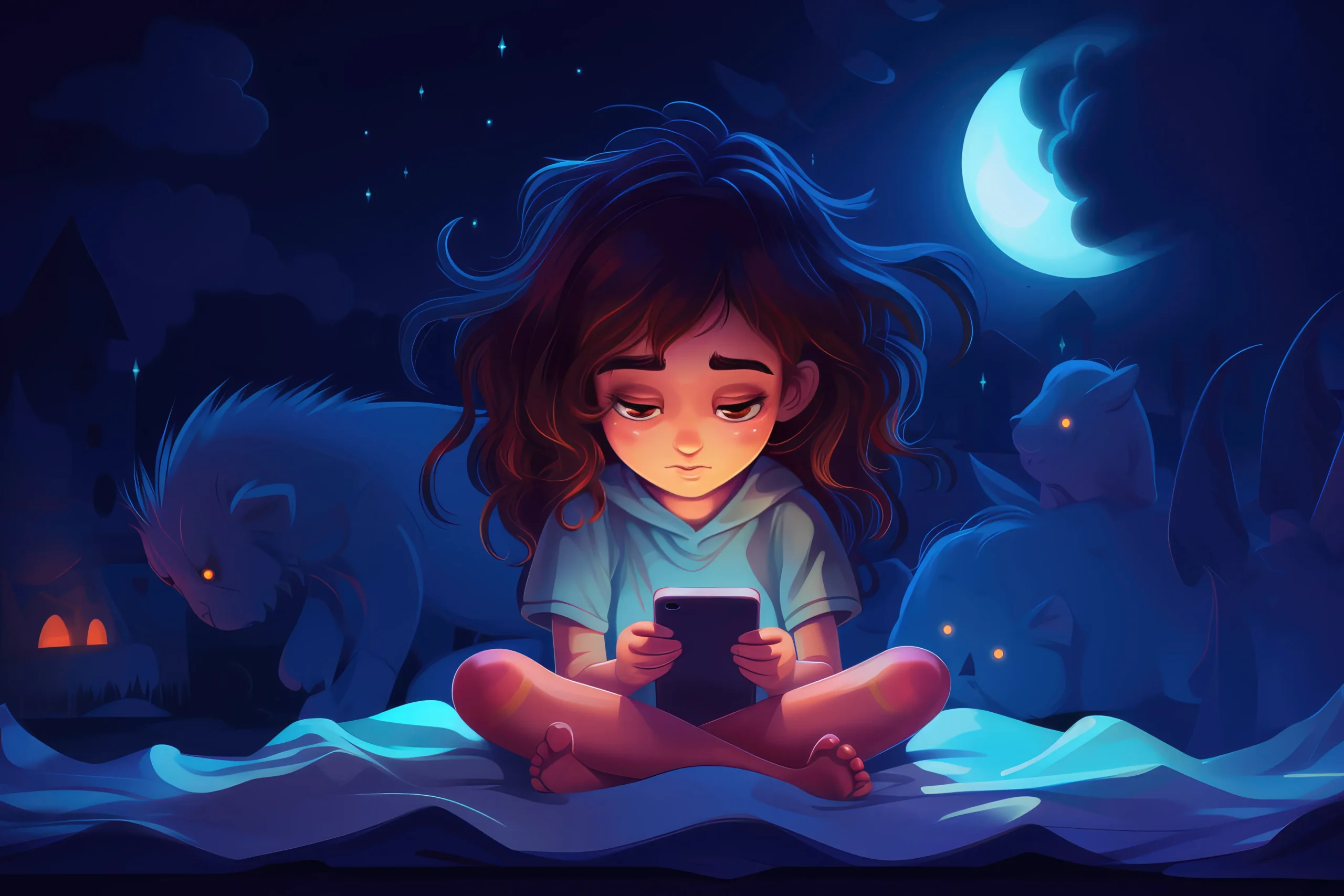 "Cyberbullying and mental health effects illustrated by child using phone at night with anxiety and fear"